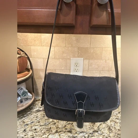 Dooney & Bourke Vintage Black Canvas Logo/Leather Trim Shoulder Purse - Picture 1 of 9